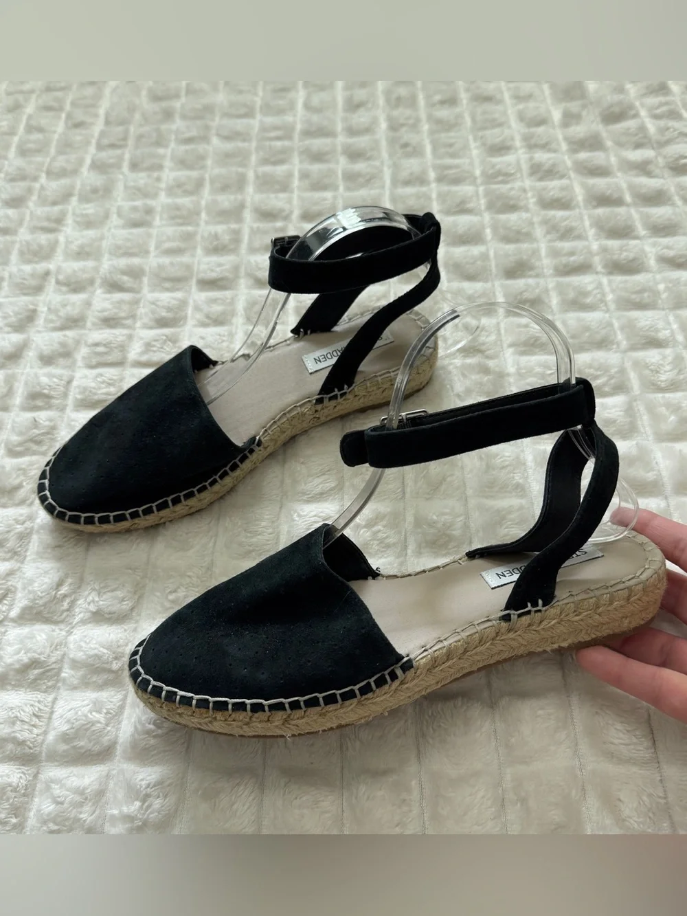 Steve Madden 8 Lesko Black Suede Leather Espadrille Ankle Strap Sandals Flats